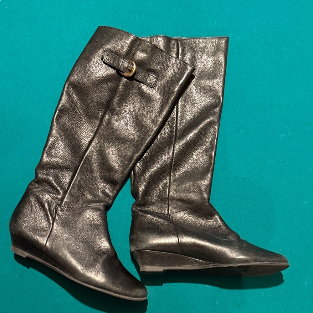 Steve Madden Intyce Black Leather Knee Wedge Boots - Women